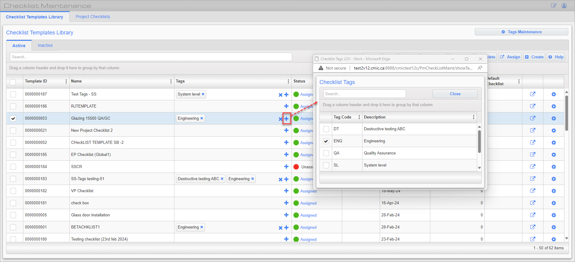 Screenshot of Checklist Maintenance with Checklist Tags LOV pop-up