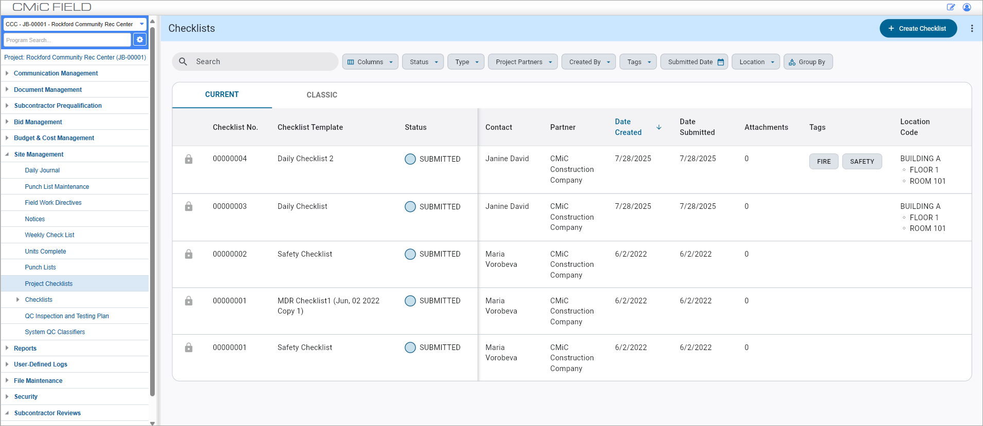 Screenshot of Checklists Log.