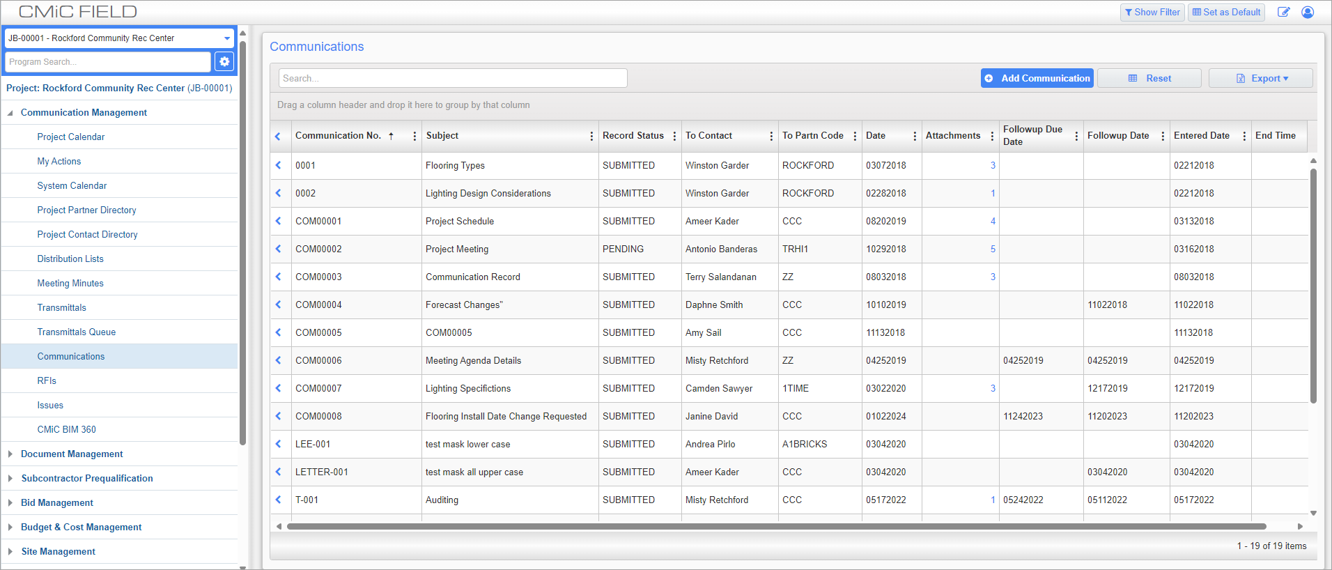 Screenshot of Communications