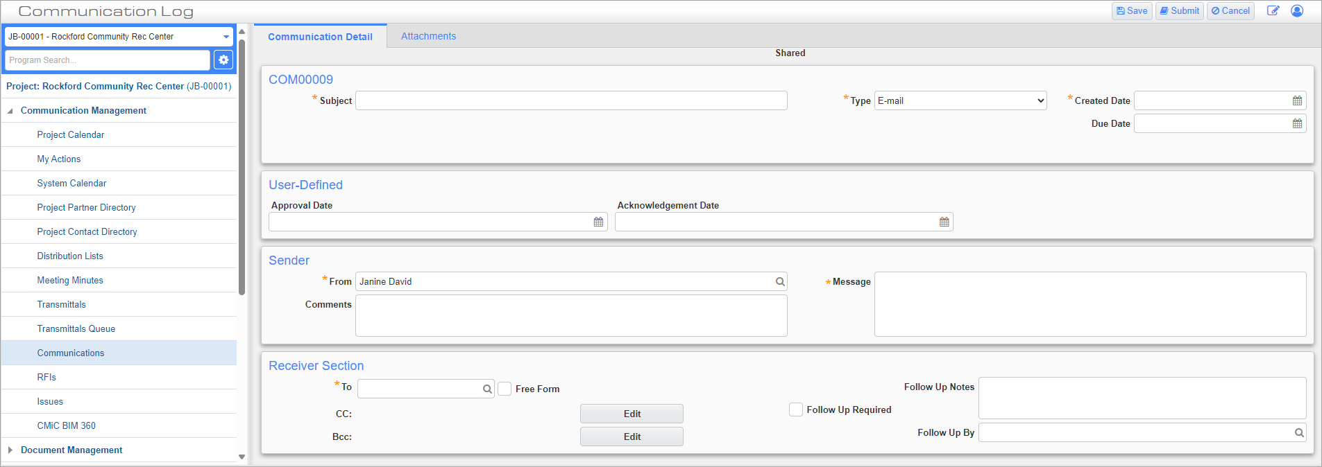 Screenshot of Communication Detail tab.
