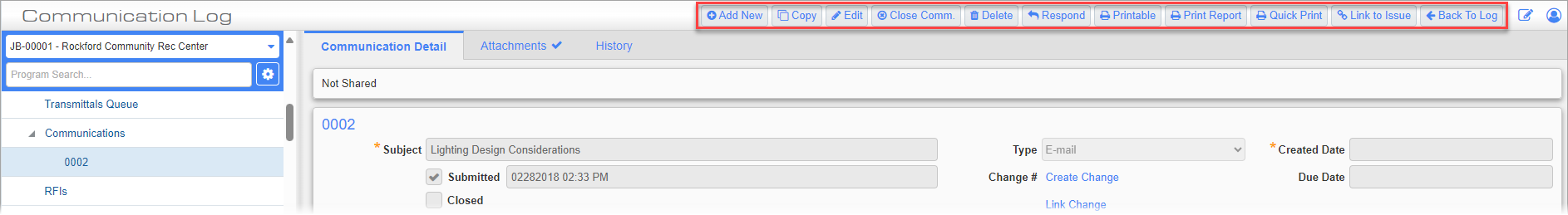 Screenshot of Communications with toolbar highlighted.