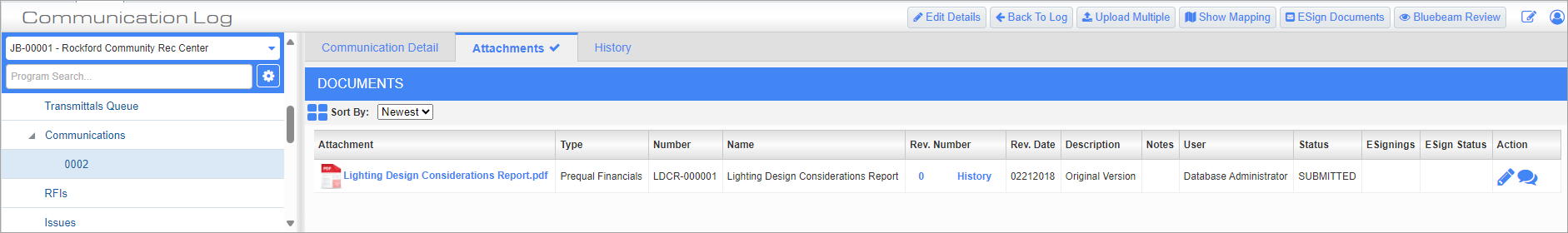 Screenshot of Communications - Attachments tab.