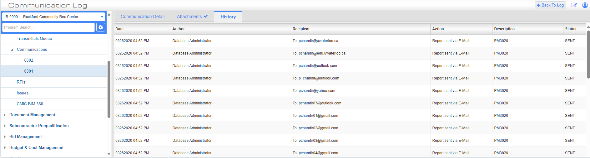 Screenshot of Communications - History tab.