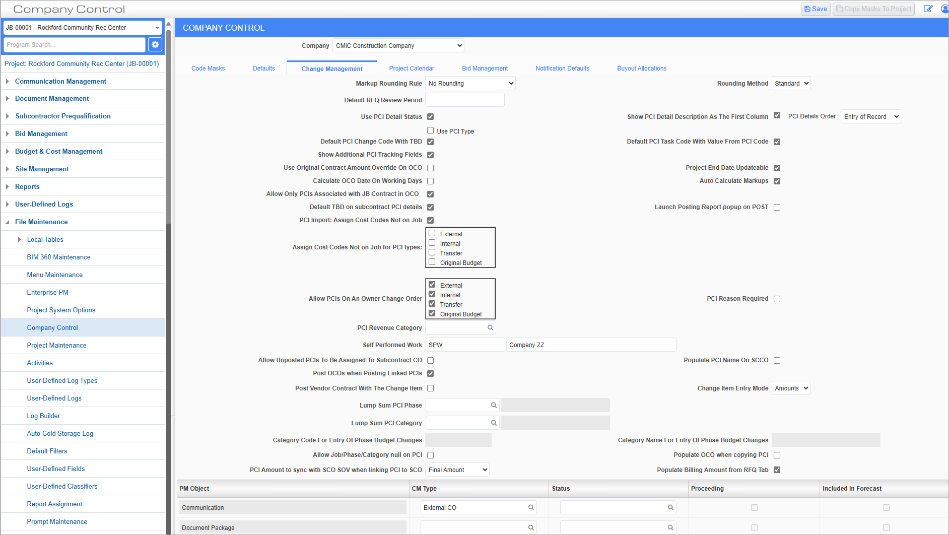Screenshot of Company Control - Change Management tab.