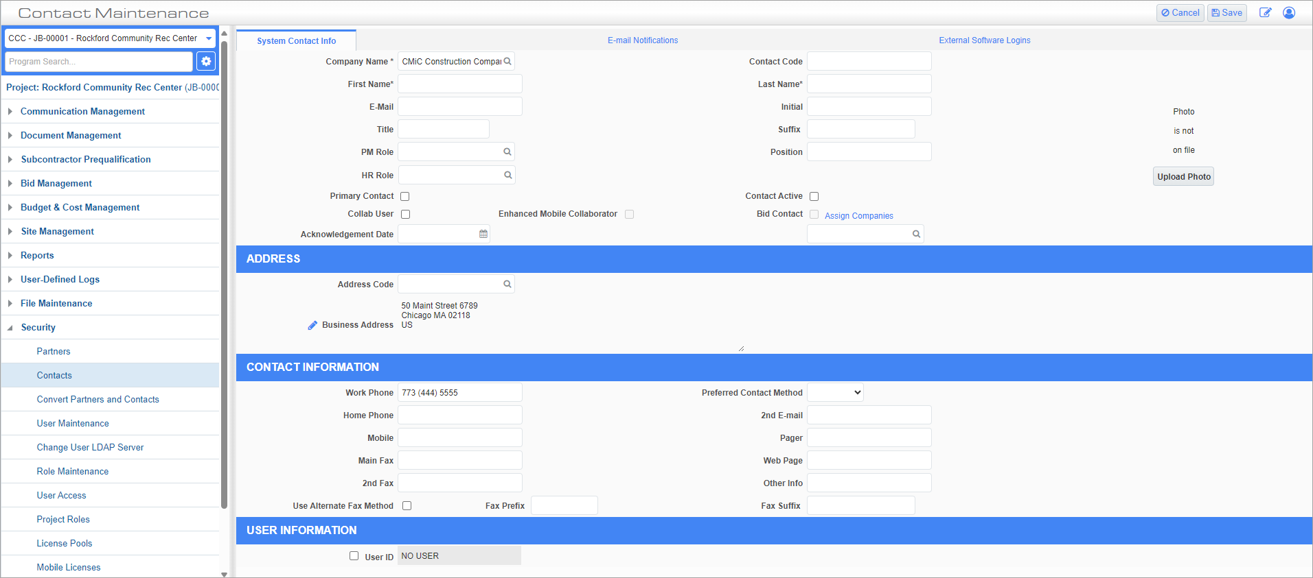 Screenshot of System Contact Info tab