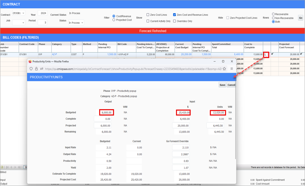 Screenshot of Contract Forecasting with Productivity pop-up