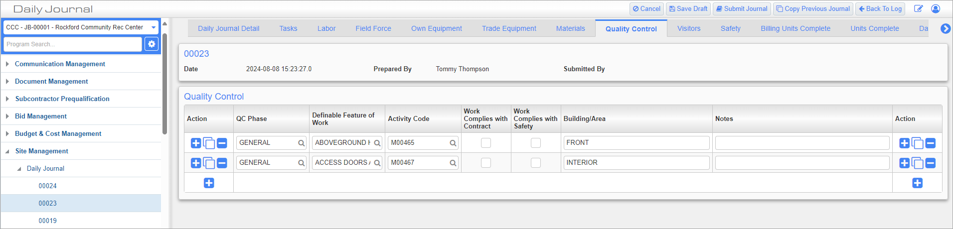 Screenshot of Daily Journal - Quality Control tab