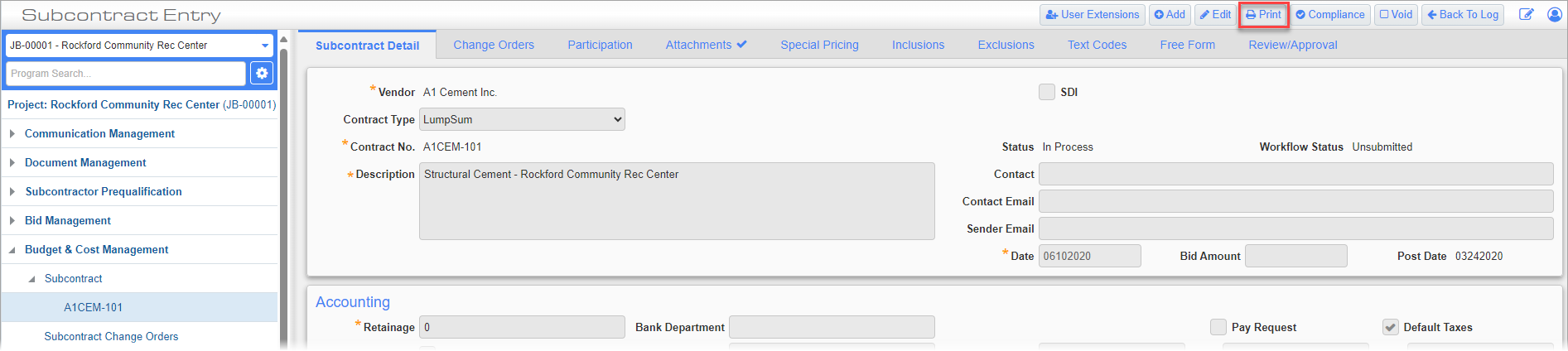 CMiC Field - Disable Printing for Subcontracts & Subcontract Change Orders
