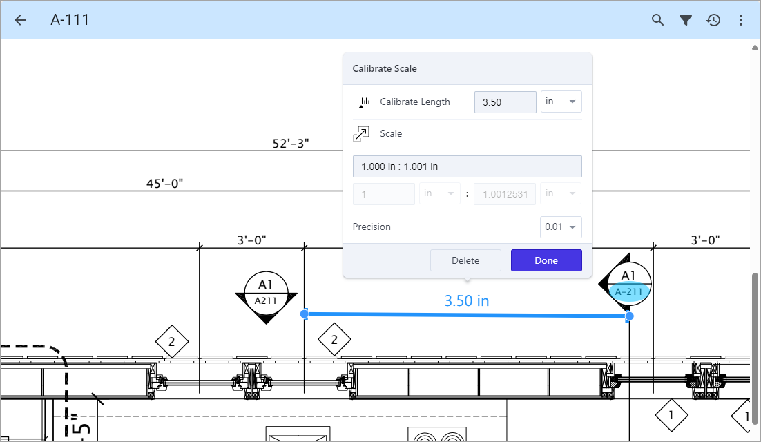 Screenshot of Drawings Measurement Toolbar with calibrate icon highlighted.