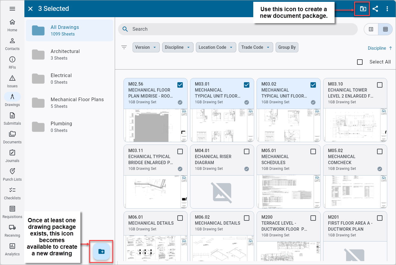 Screenshot of Drawings with items selected for drawing package.