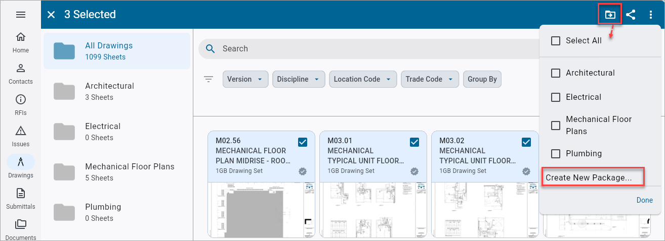 Screenshot of Drawings with Copy to Package pop-up