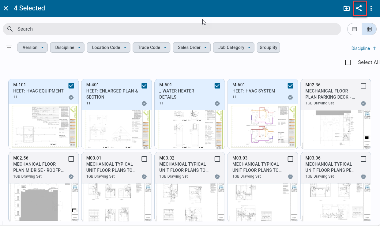 Screenshot of Drawings with multiple selected for sharing