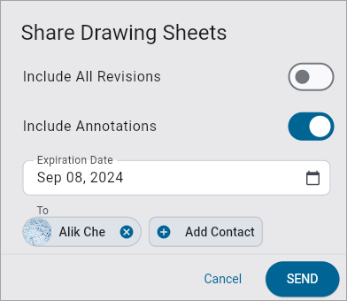 Screenshot of Share Drawing Sheets pop-up