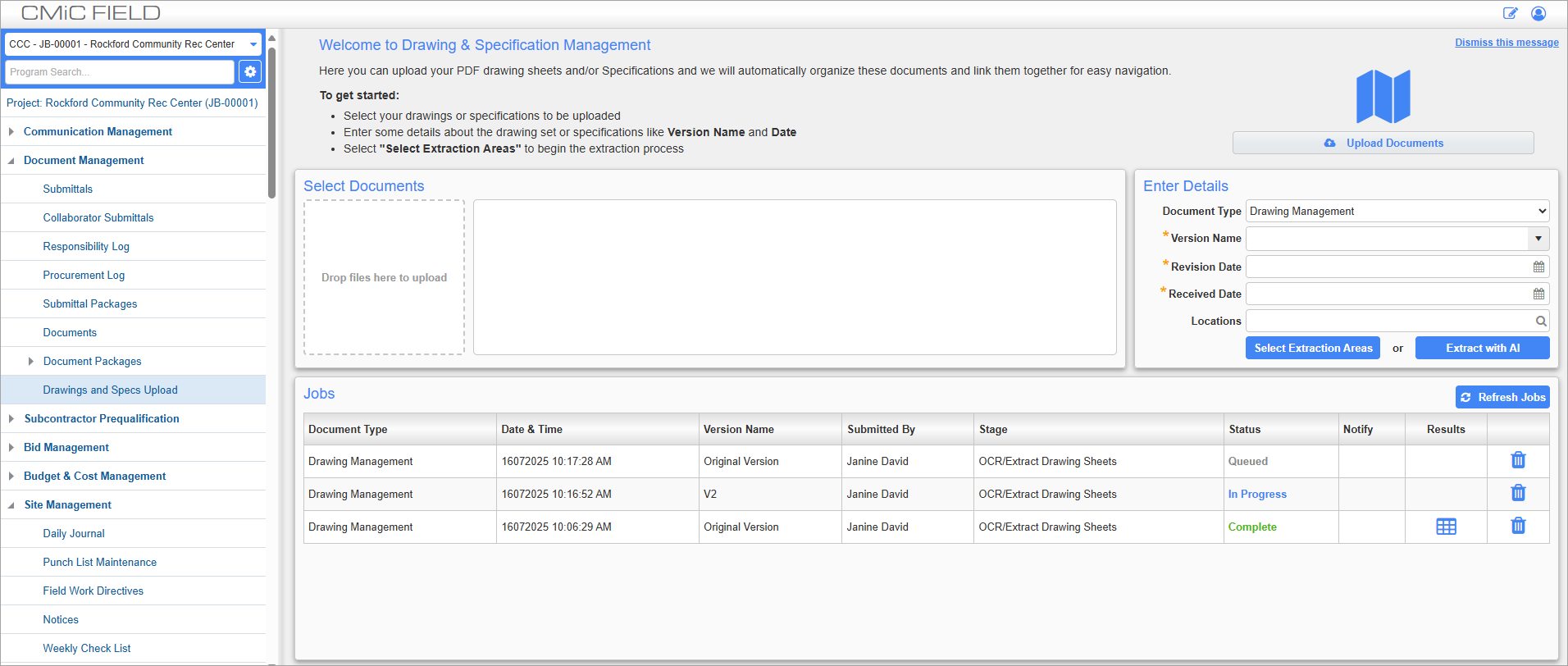 Screenshot of Drawings and Specification Management with Job section.