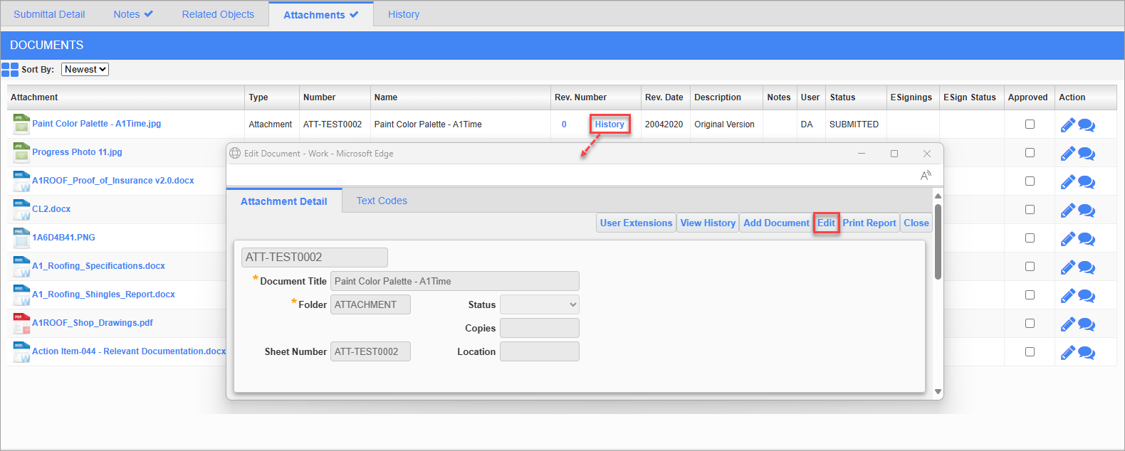 Screenshot of Edit Document pop-up launched from History link on Attachment tab.