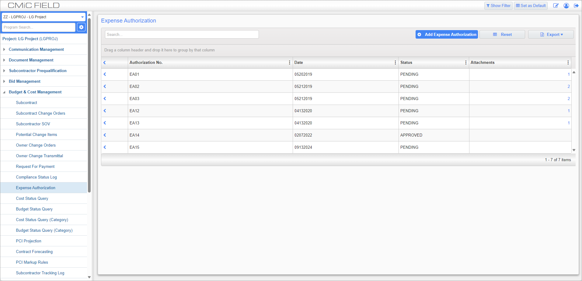 Screenshot of Expense Authoriation