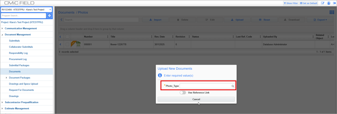 Screenshot of Documents with fields highlighted.