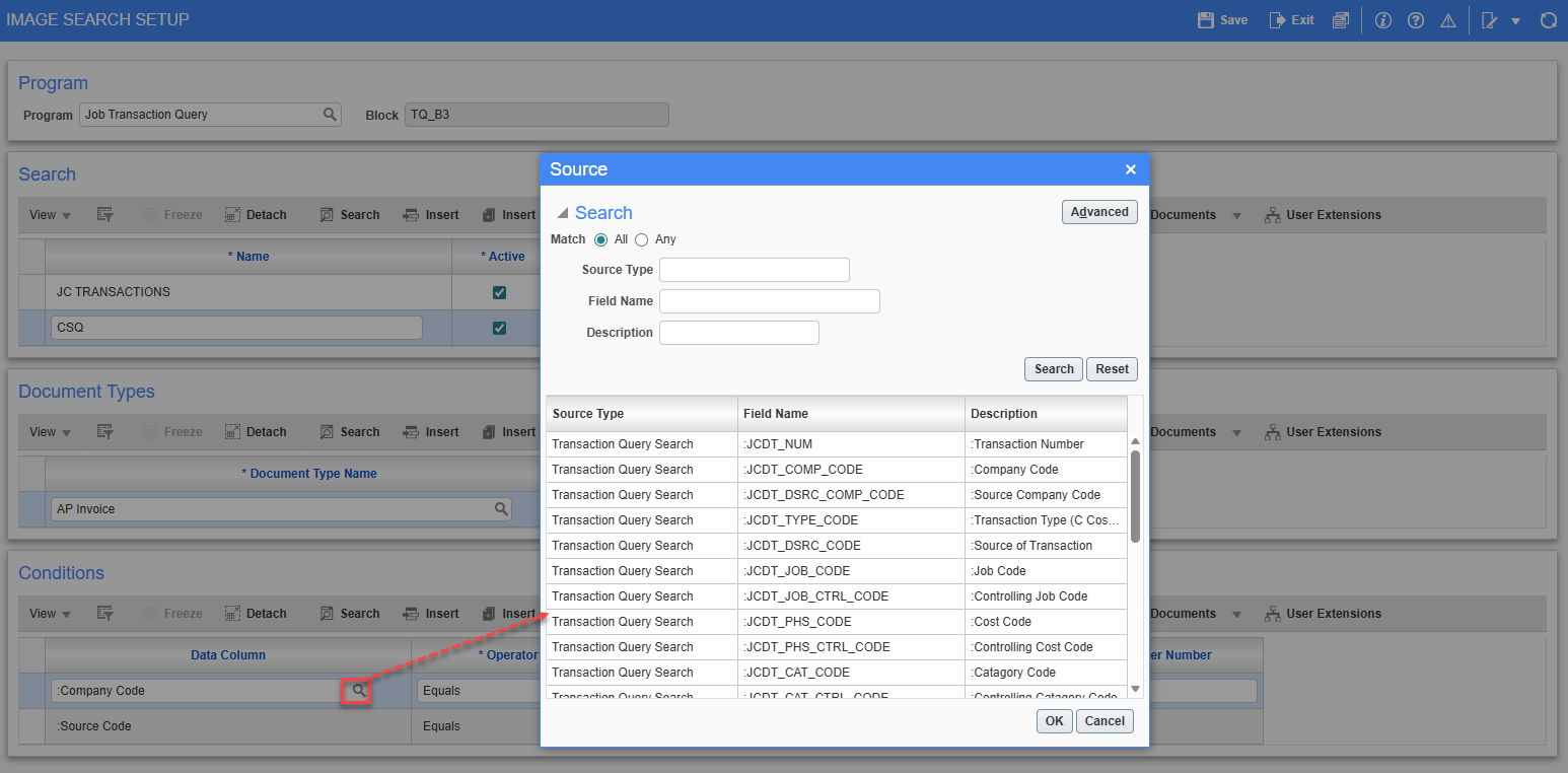 Screenshot of Image Search Setup with pop-up.