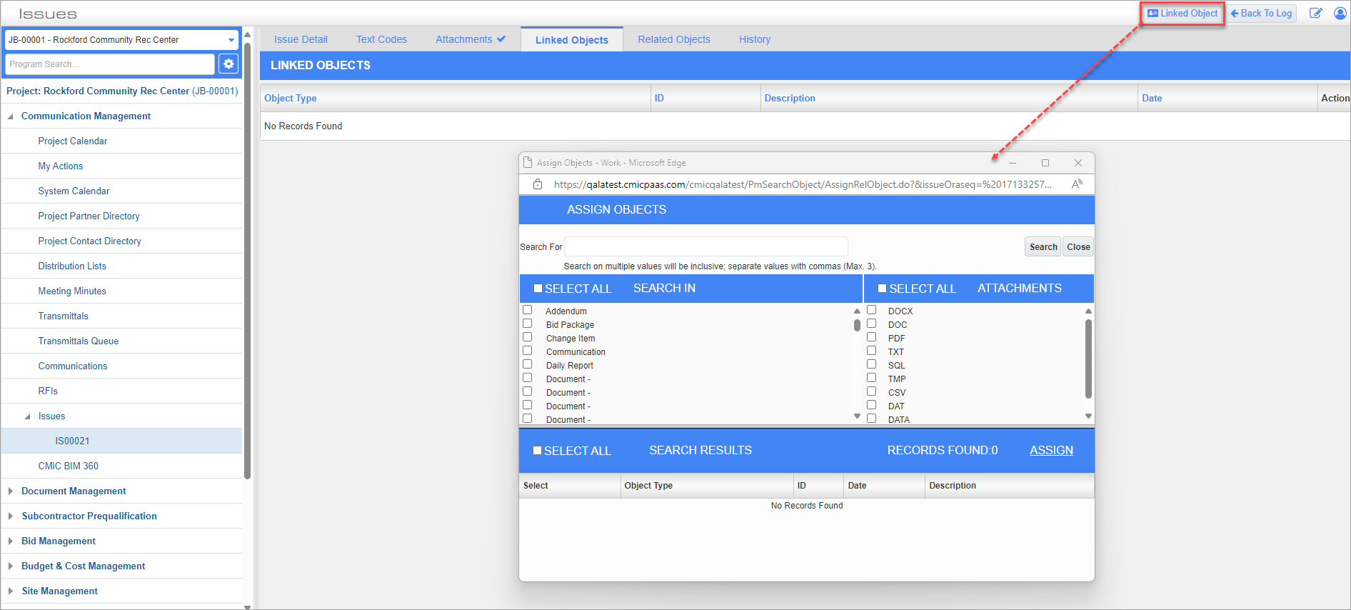 Screenshot of Assign Objects launched from Issues screen.