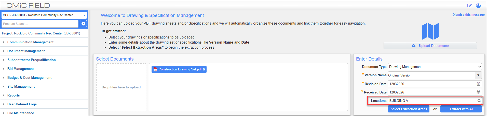 Screenshot of Drawing Upload with field highlighted.