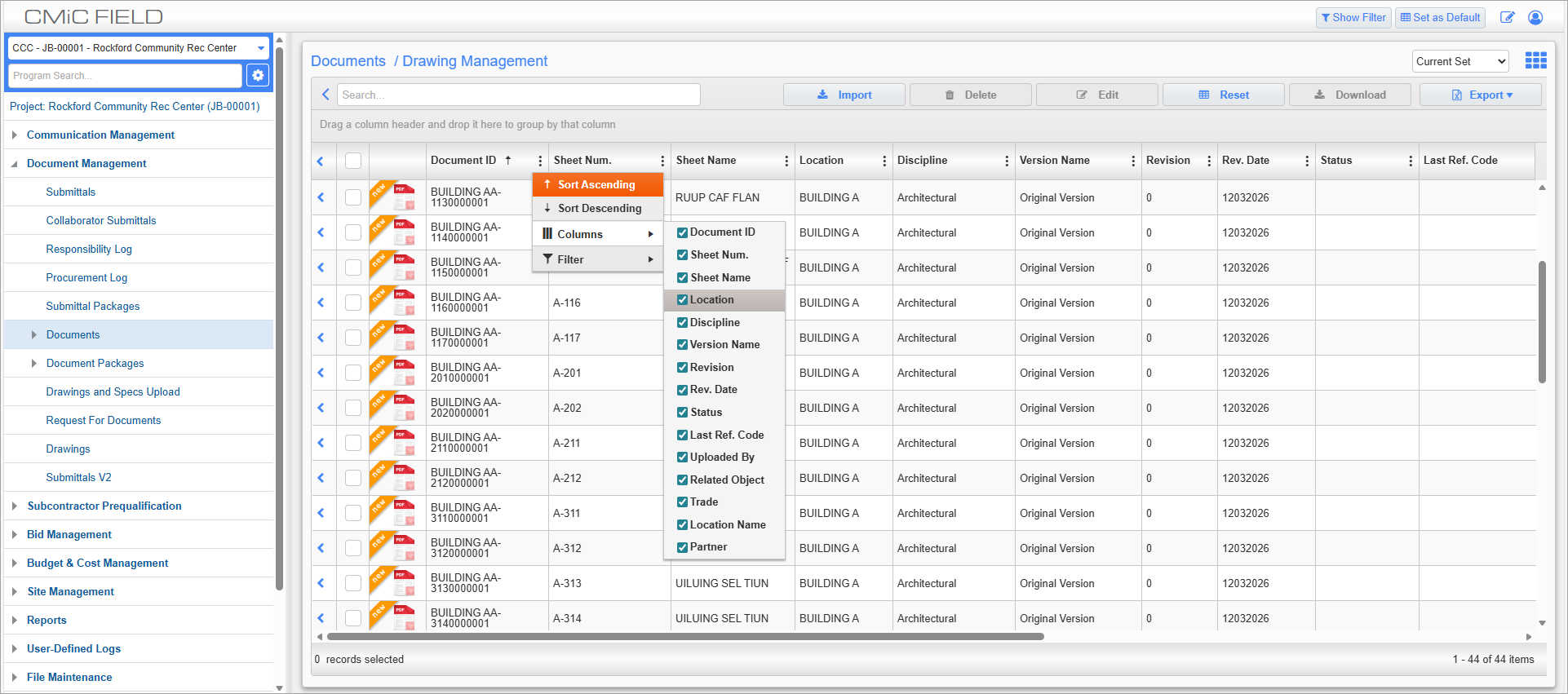Screenshot of Drawing Management folder with menu.