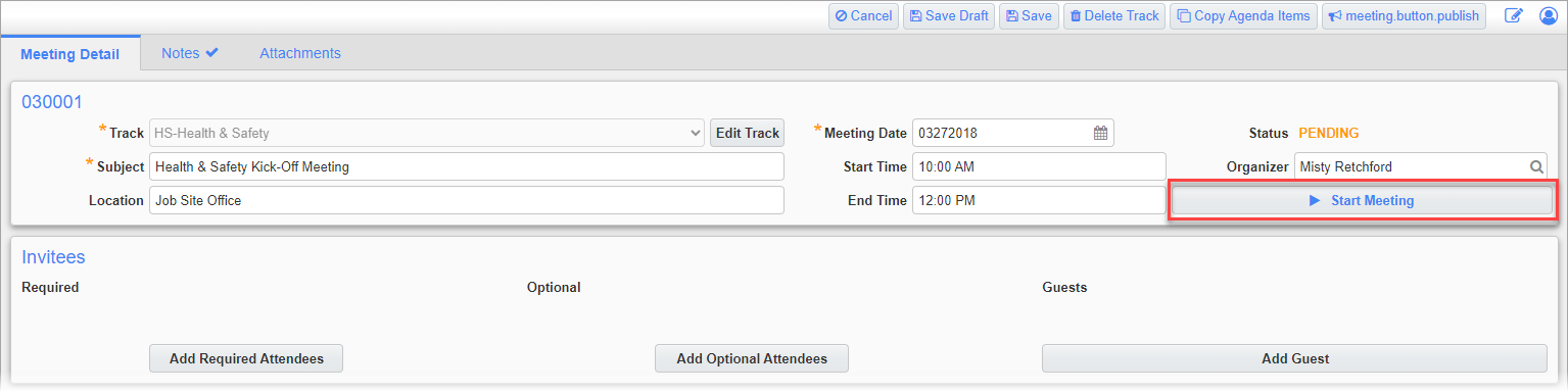 Screenshot of Meeting Minutes with [Start Meeting] highlighted.