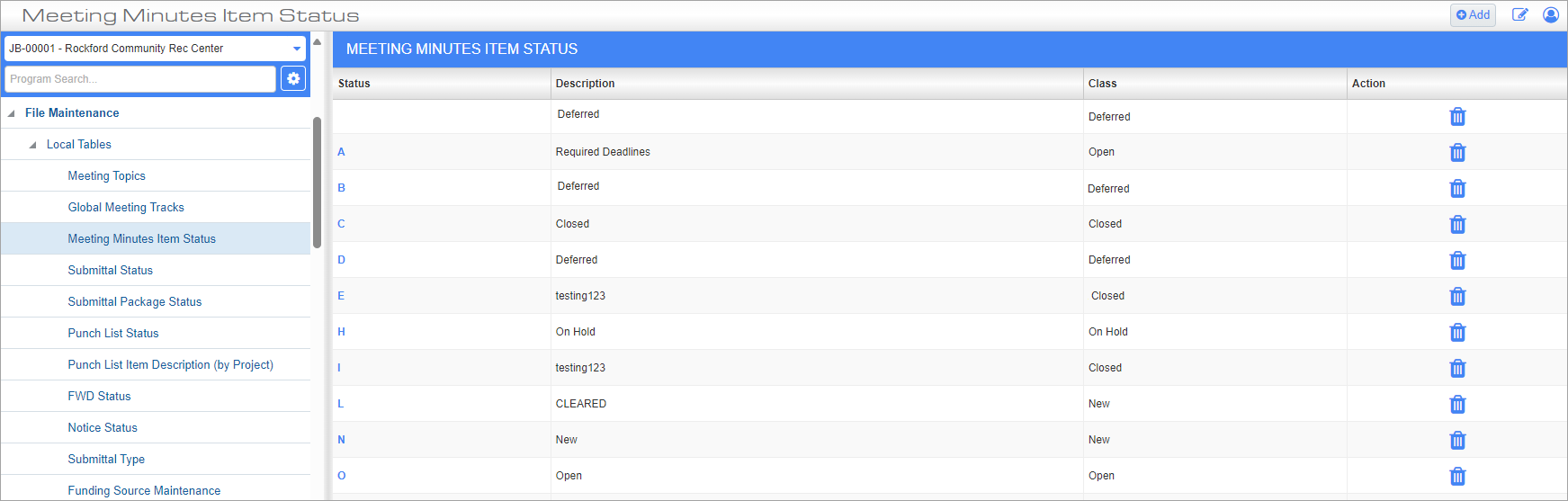 Screenshot of Meeting Minutes Item Status log