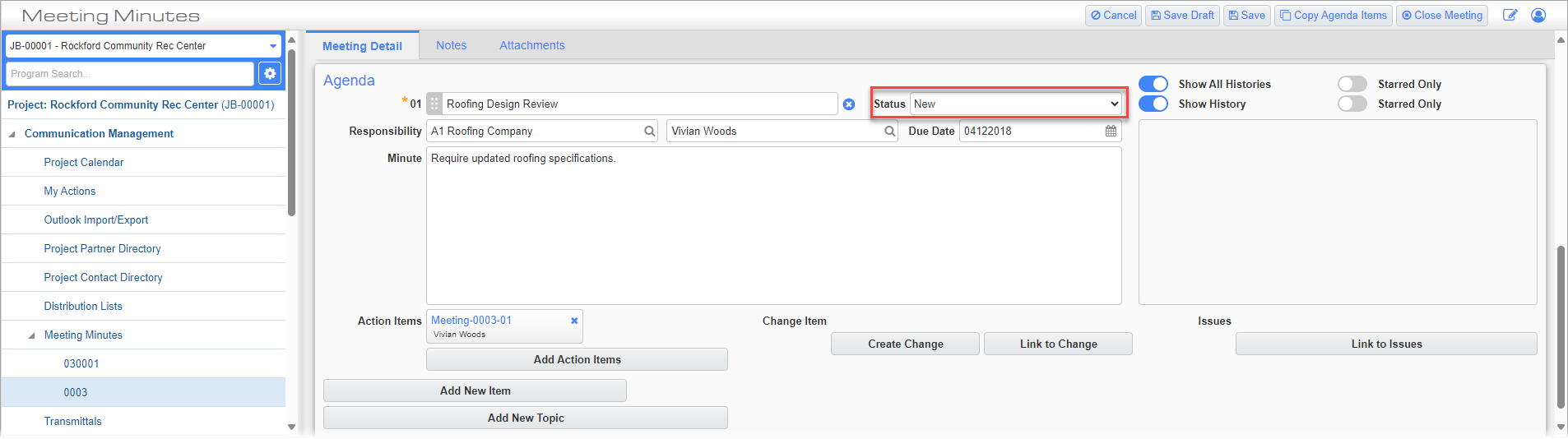 Screenshot of Meeting Minutes with Status field highlighted in Agenda section.