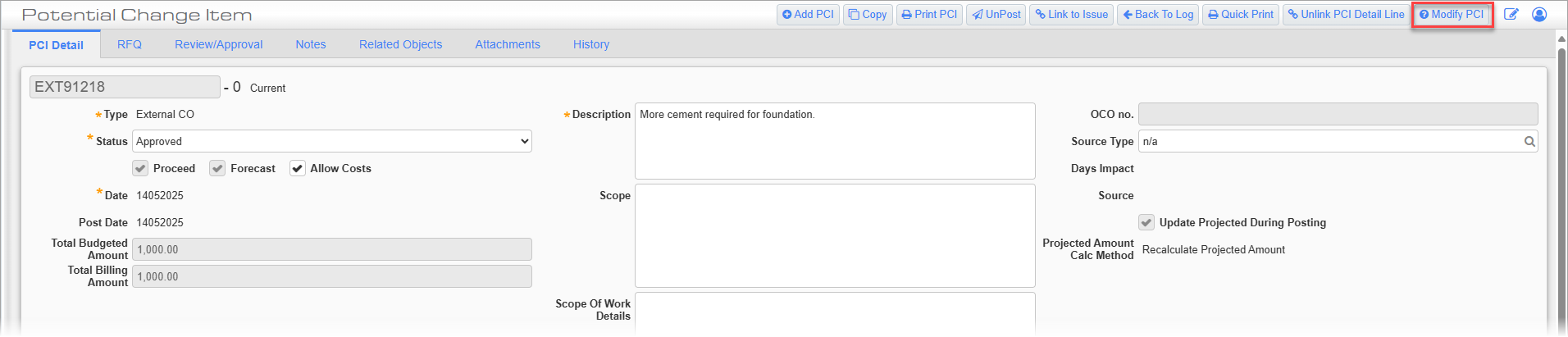Screenshot of [Modify PCI] button on posted PCI.