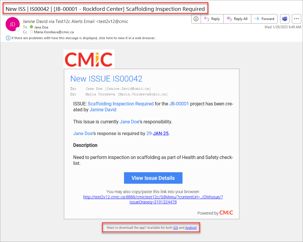Screenshot of sample email notification for new Issue.