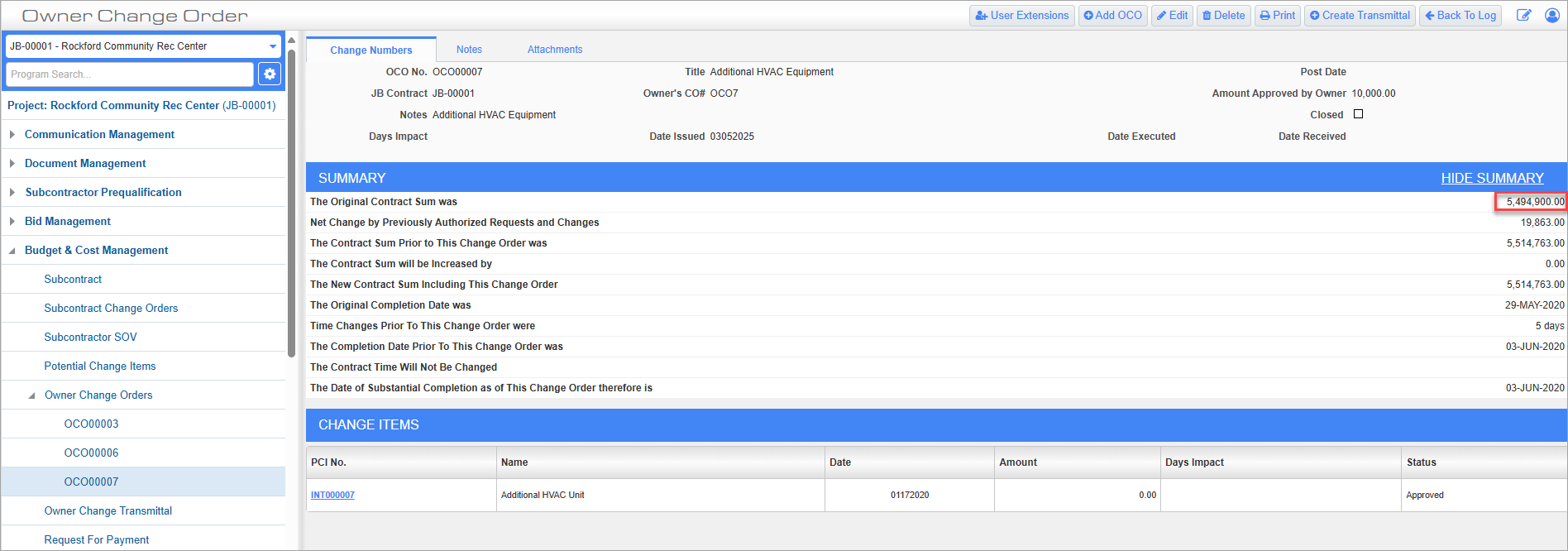 Screenshot of Owner Change Order with The Original Contract Sum was field highlighted.