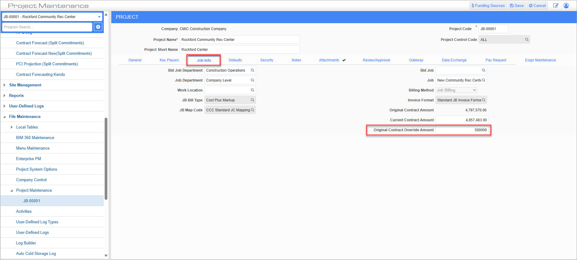 Screenshot of Project Maintenance - Job Info tab.
