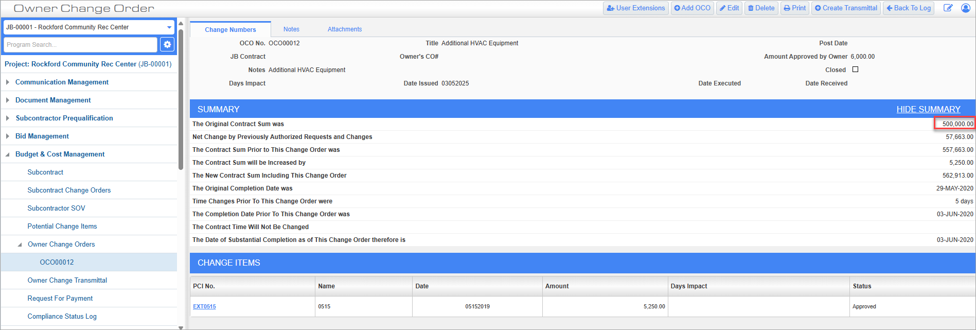 Screenshot of Owner Change Order with The Original Contract Sum was field highlighted.
