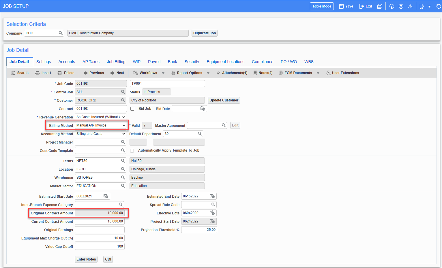 Screenshot of Job Setup.