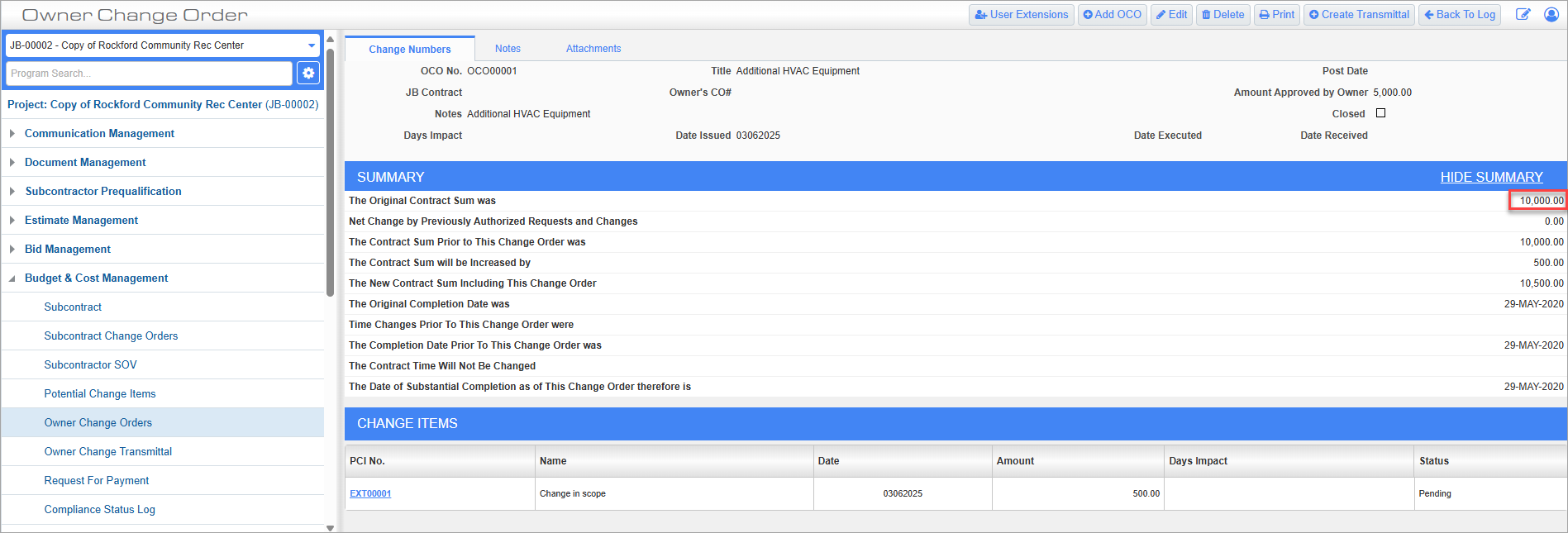 Screenshot of Owner Change Order with The Original Contract Sum was field highlighted.