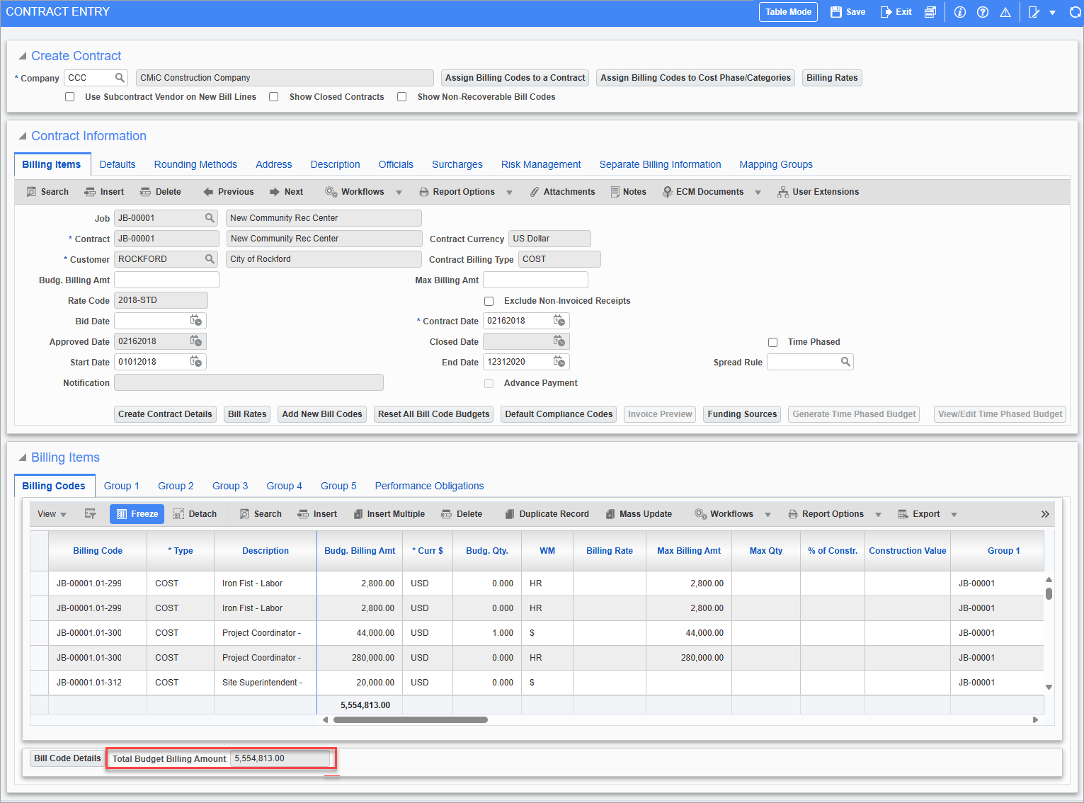 Screenshot of Contract Entry with Total Budget Billing Amount highlighted.