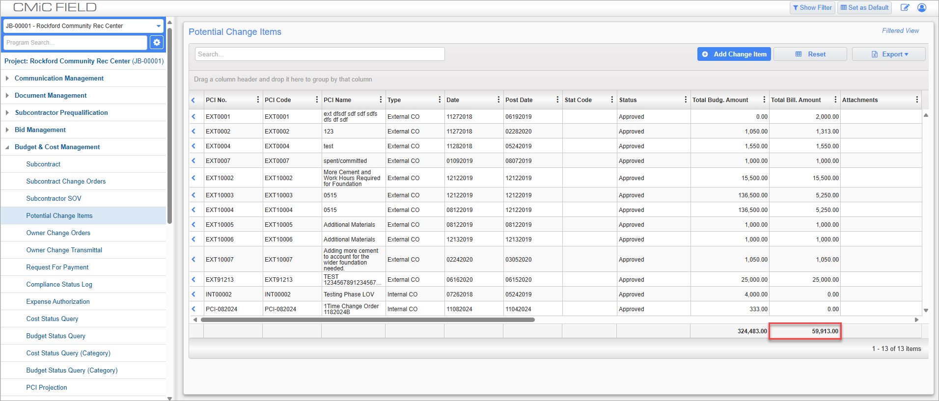 Screenshot of Potential Change Items with totals highlighted.