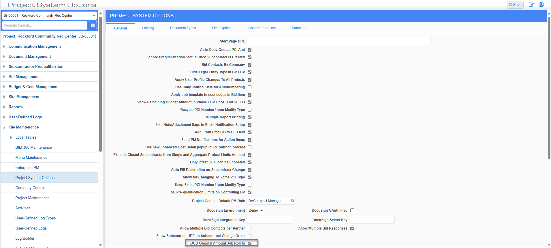 Screenshot of Project System Options with 'OCO Original Amount Job Roll-In' box highlighted.