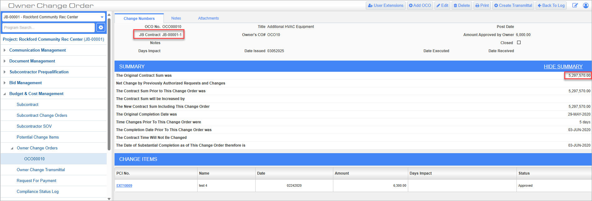 Screenshot of Owner Change Order with JB Contract and The Original Contract Sum was field highlighted.