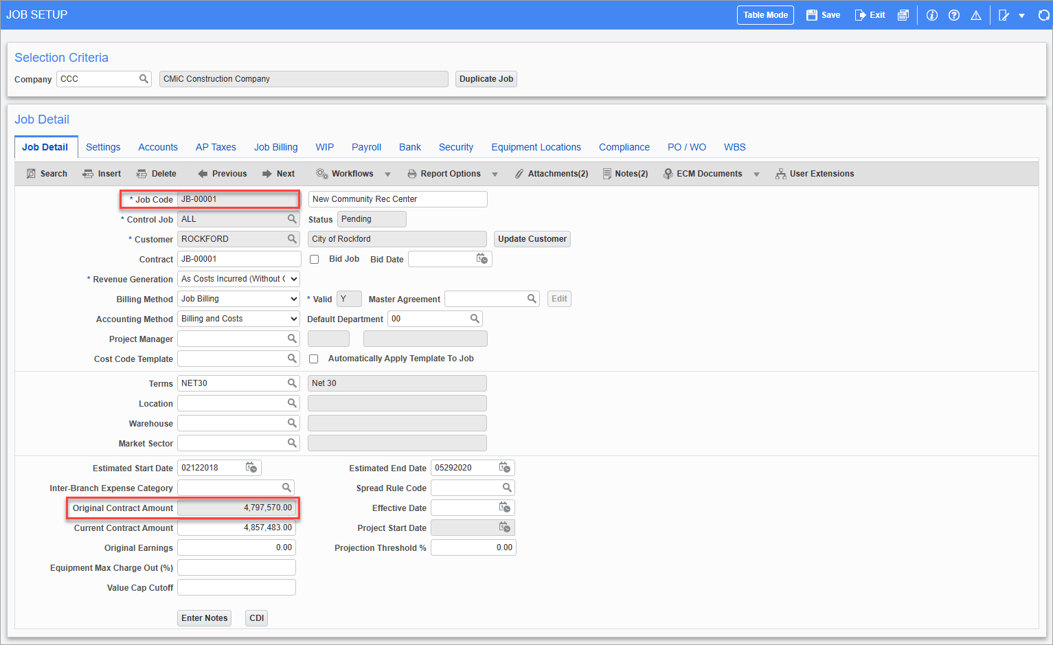 Screenshot of Job Setup with Original Contract Amount field highlighted.