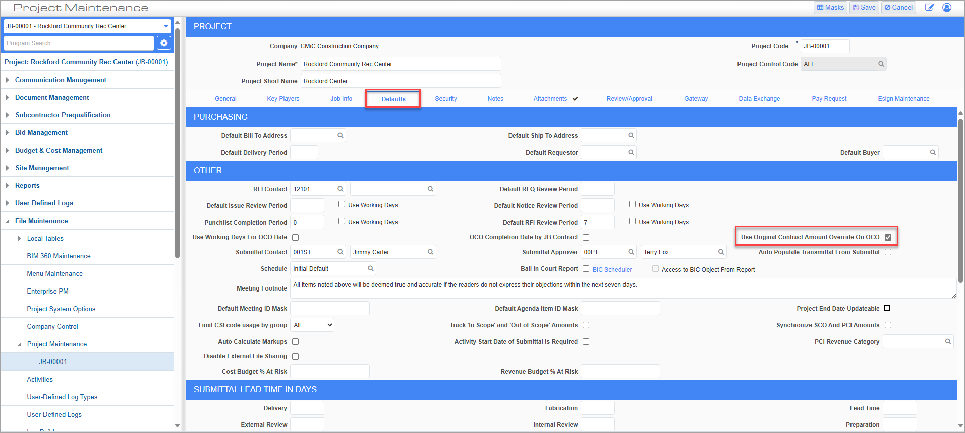 Screenshot of Project Maintenance - Default tab.