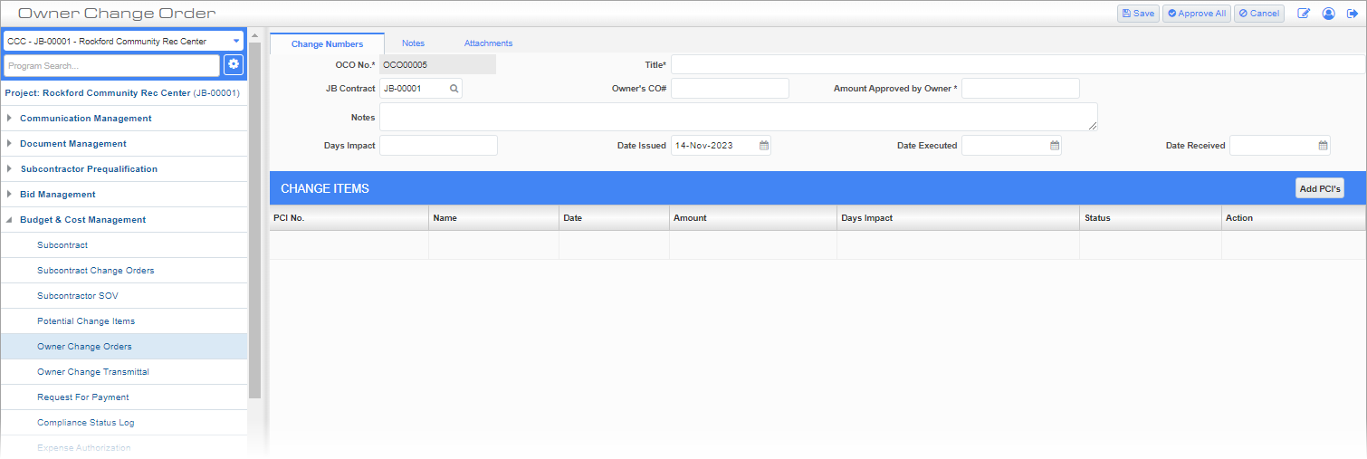 Screenshto of Change Orders tab