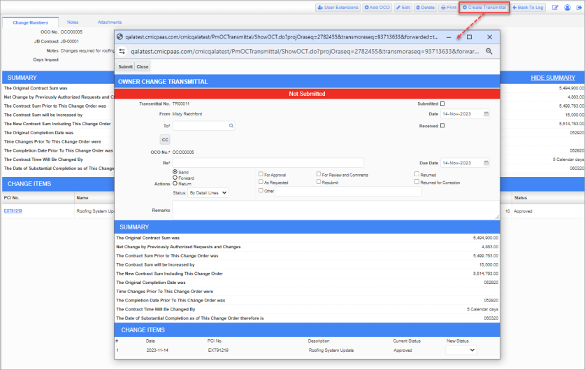 Screenshot of OCO with [Create Transmittal] button highlighted