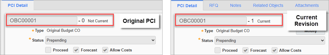 Screenshot of PCI Detail tab with revision fields highlighted.