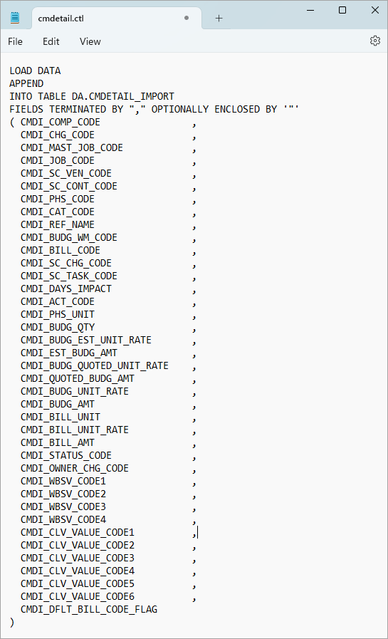 Screenshot of PCI Import txt file.
