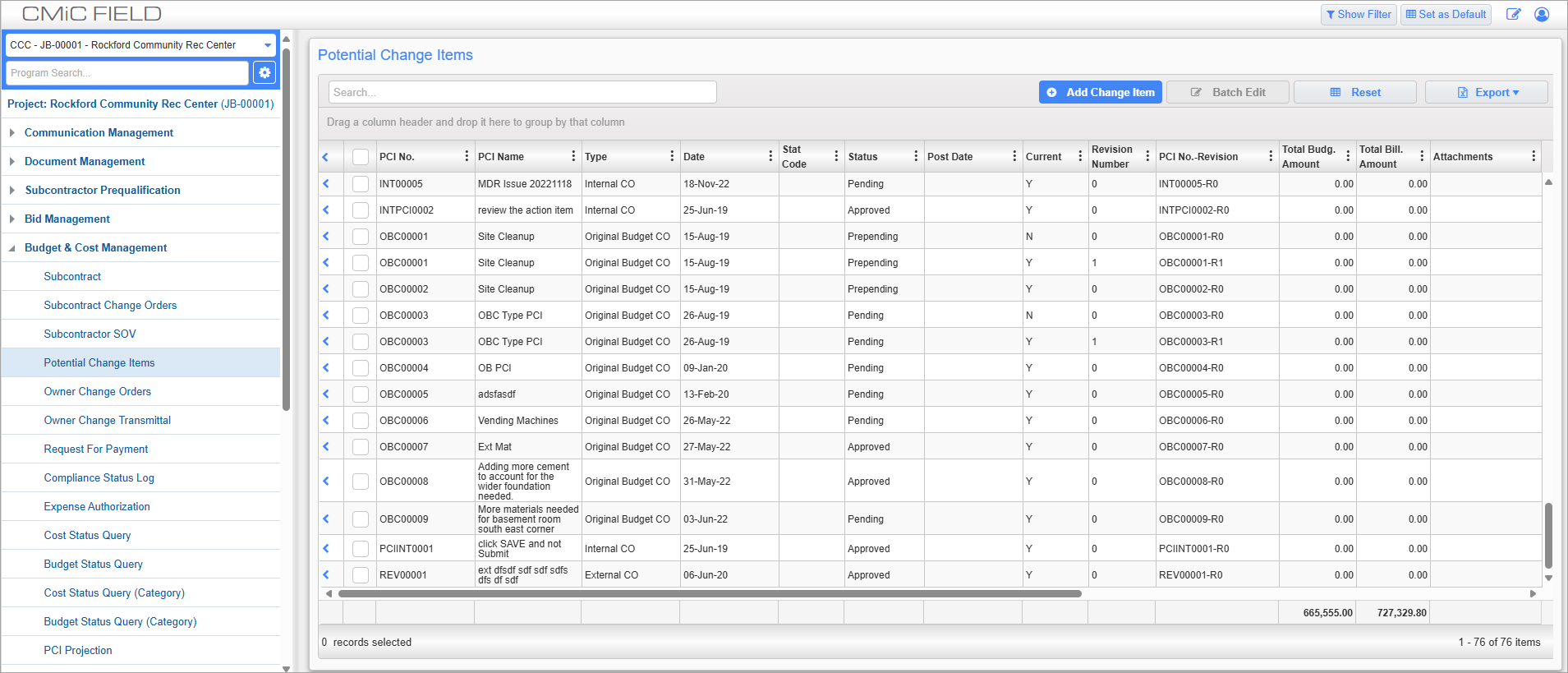 Screenshot of PCI Log screen.