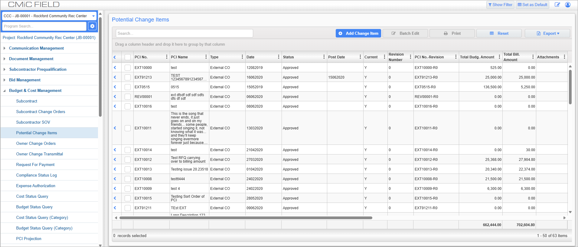 Screenshot of PCI Log screen.