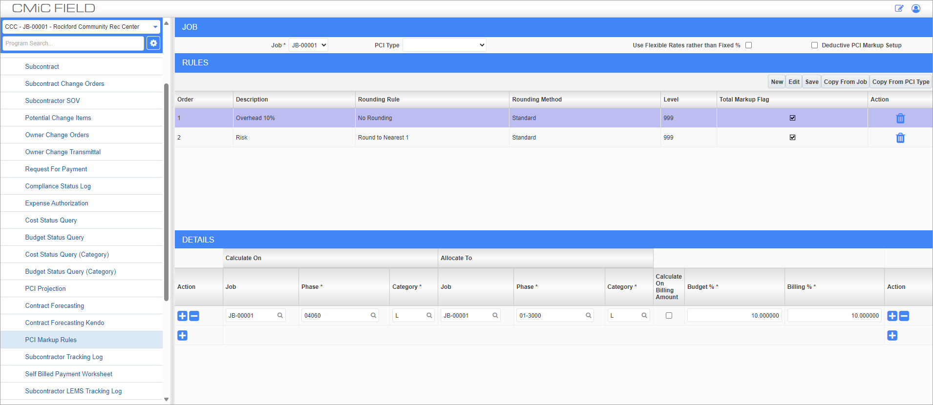 Screenshot of PCI Markup Rules