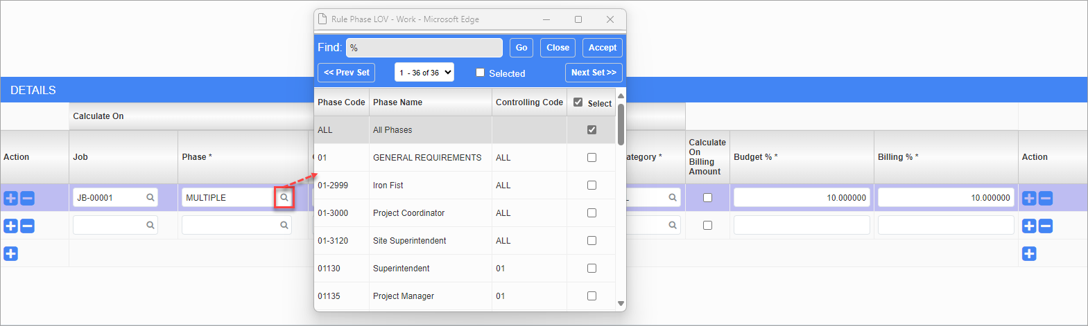 Screenshot of Details section of PCI Markup Rules