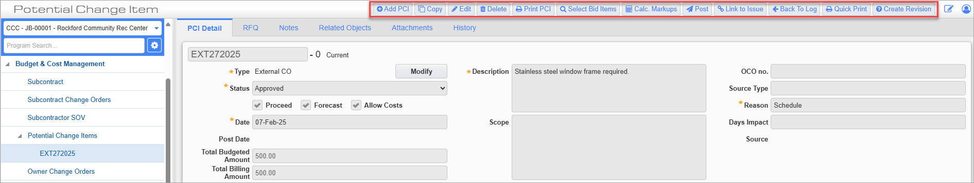 Screenshot of PCI toolbar with buttons highlighted.